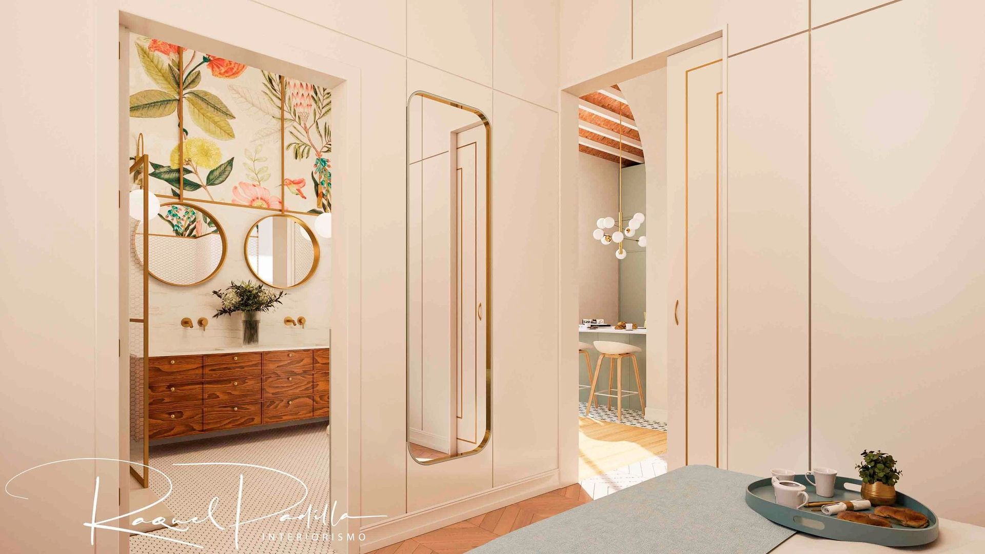 Interior de dormitorio con vista a un baño, con papel tapiz floral, tocador de madera y detalles dorados.