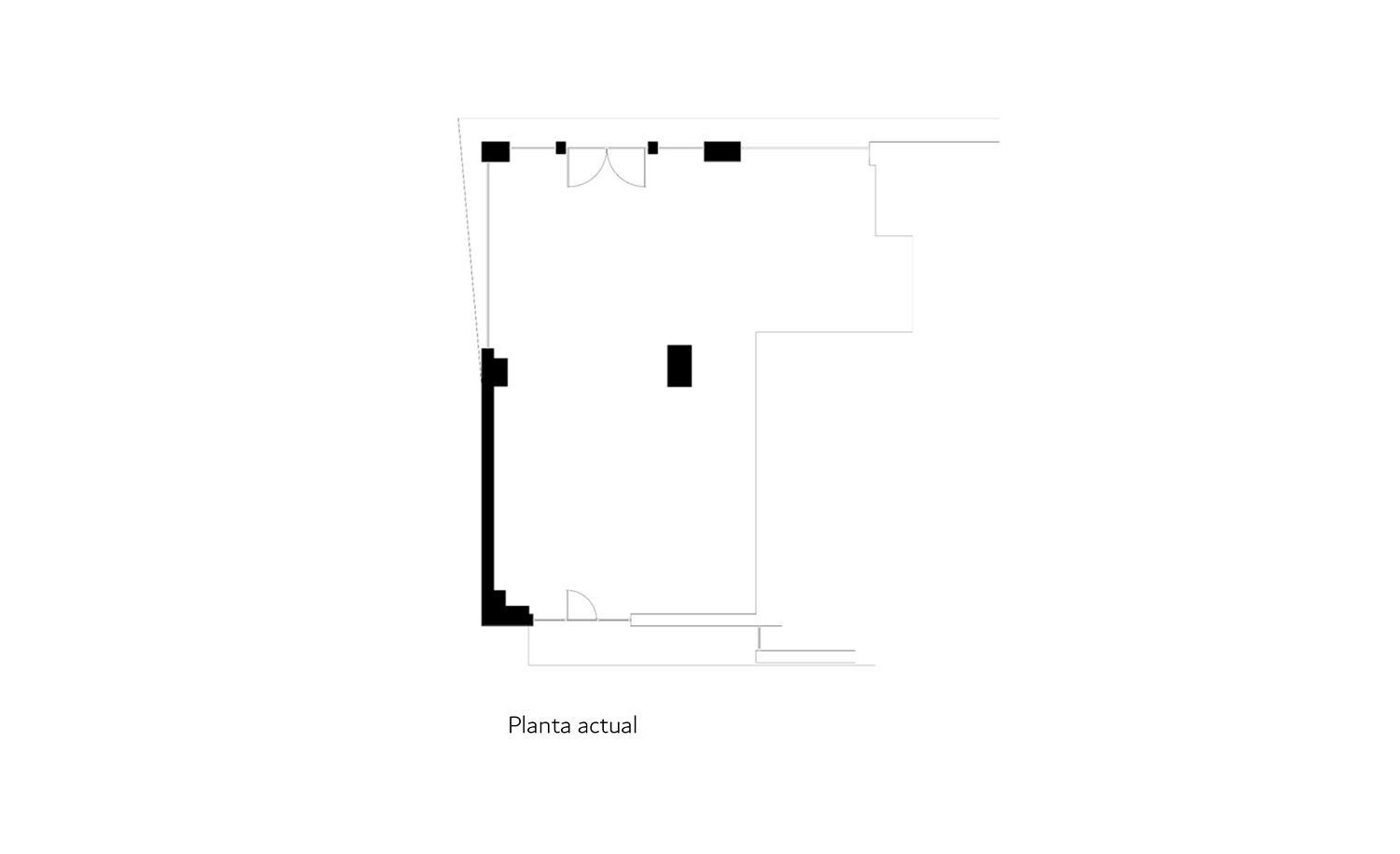 Plano de una habitación con bloques negros que marcan características como paredes y puertas.