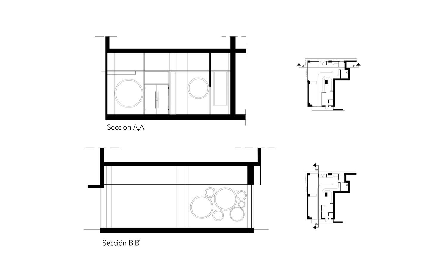 Dibujos arquitectónicos: dos vistas de elevación y planos de planta correspondientes de un espacio con muebles y accesorios.