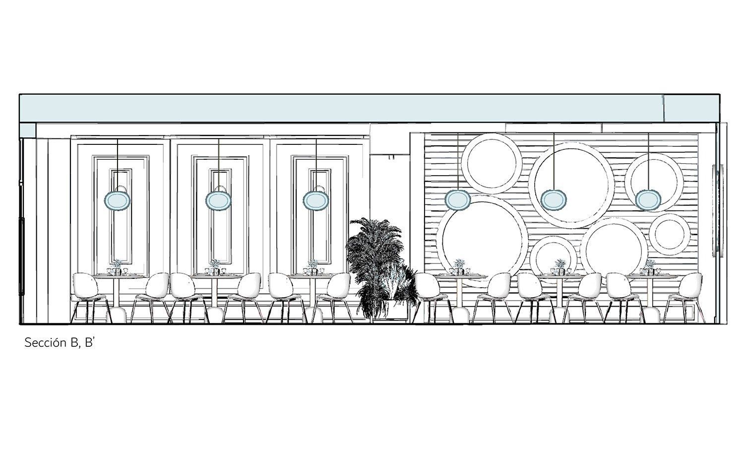 Boceto de diseño interior de cafetería: mesas, sillas, lámparas colgantes, círculos decorativos y paneles.