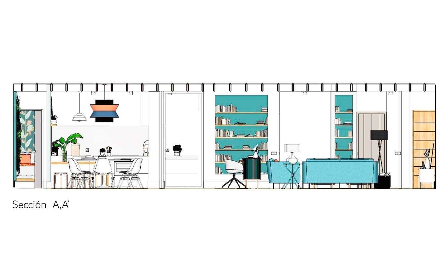 Vista en sección interior que muestra una habitación con detalles en verde azulado, un espacio de trabajo y asientos.