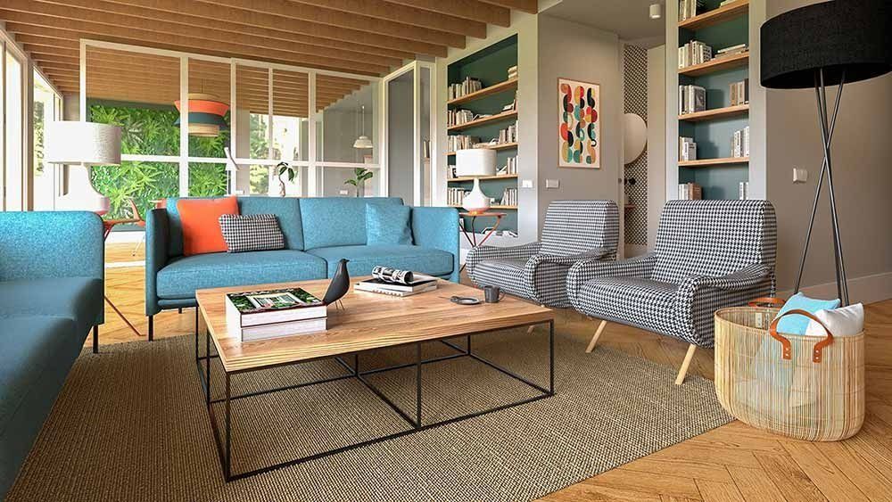 Sala de estar con sofá azul, mesa de centro de madera y estanterías.