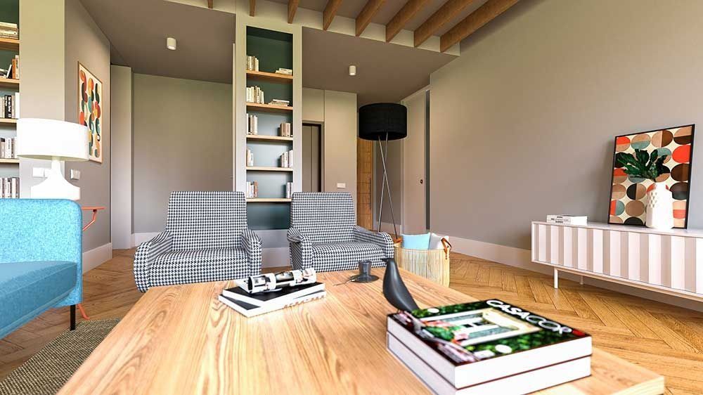 Sala de estar con sofá azul, mesa de centro de madera, sillones grises y estantería.