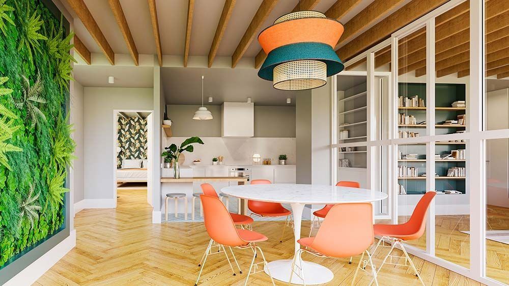 Comedor moderno con mesa blanca y sillas naranjas, junto a una cocina y una estantería con paneles de cristal.
