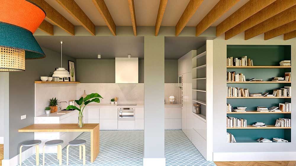 Interior de cocina moderna con armarios blancos, pared verde y vigas de madera. Estantería a la derecha.