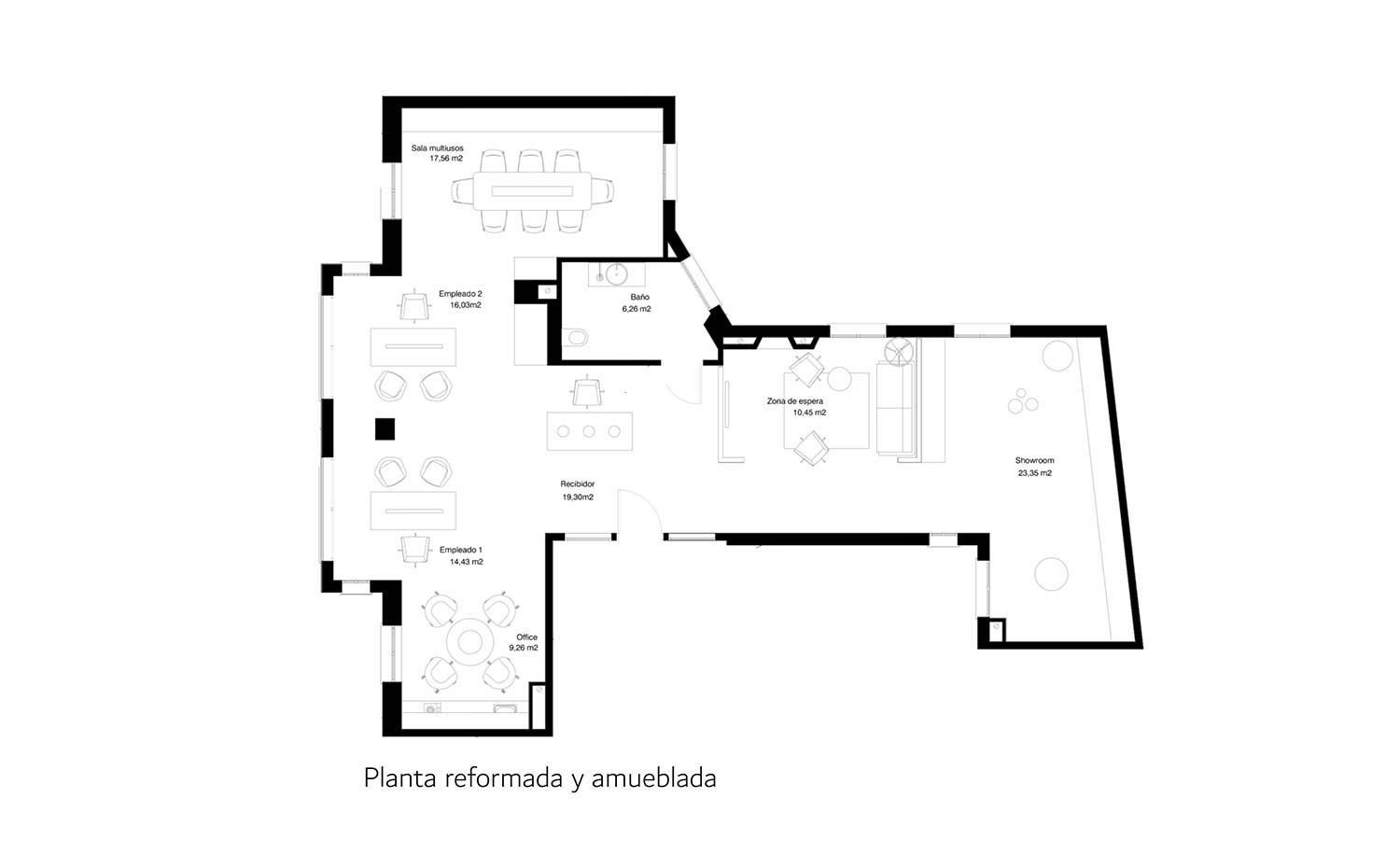 Plano de planta de un edificio con varias estancias y esquemas de mobiliario, rotulado