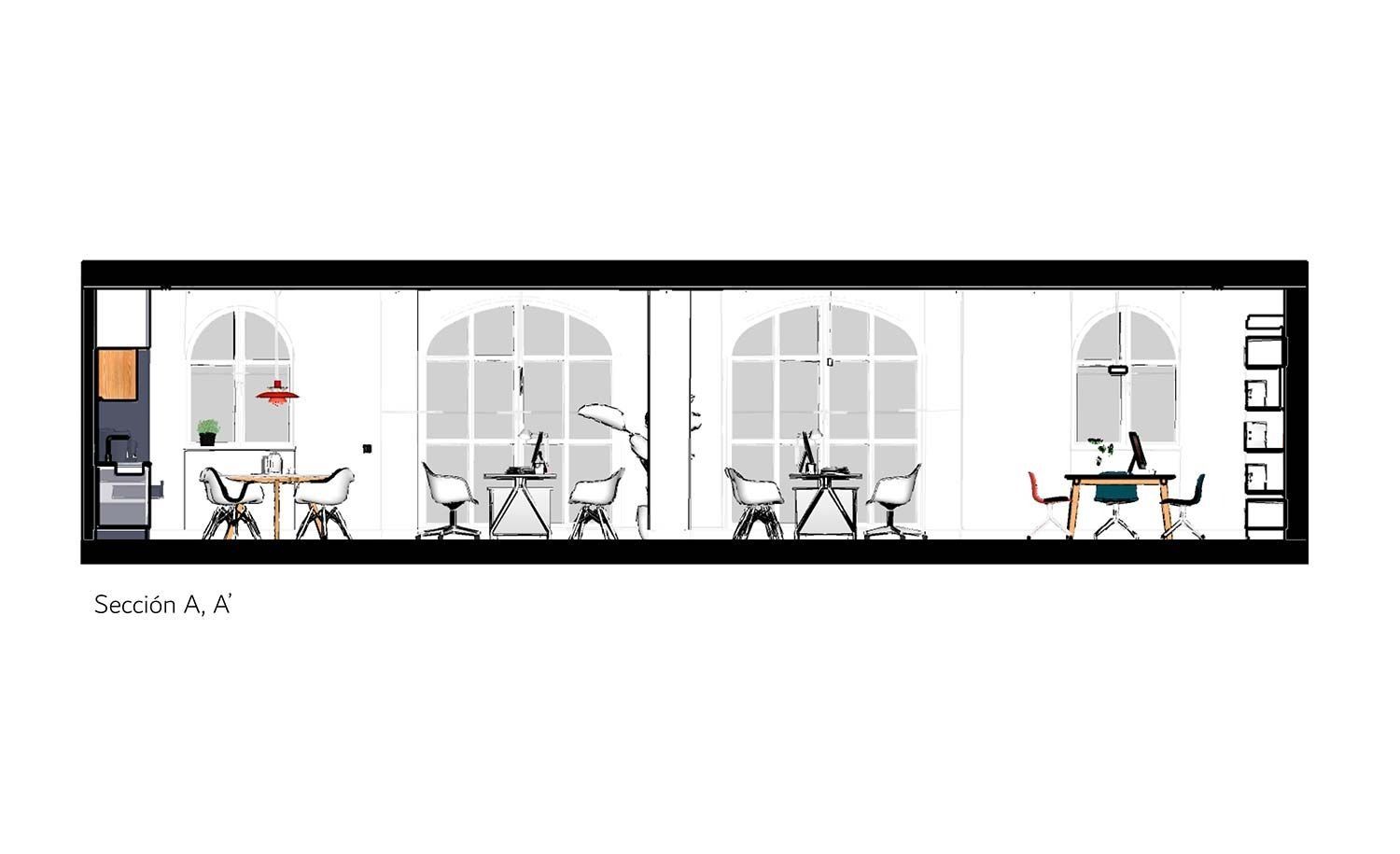 Vista en sección de un espacio de oficina moderno con paredes blancas, ventanas arqueadas, escritorios y sillas.