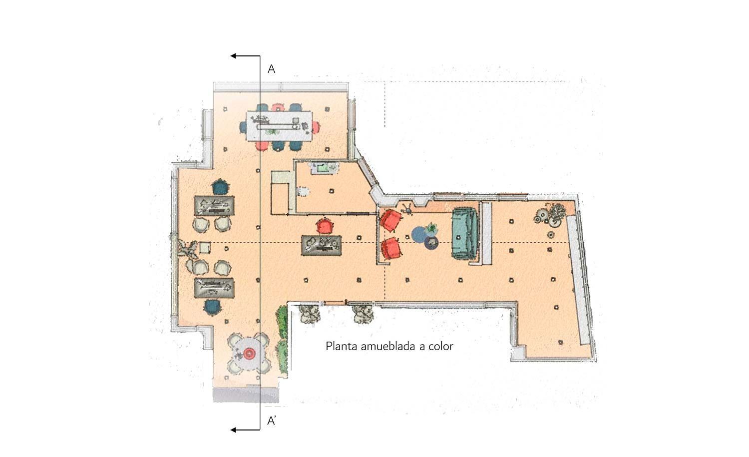 Plano de un espacio de oficina con muebles; mesa de comedor, áreas de estar y una sala de juegos visibles.