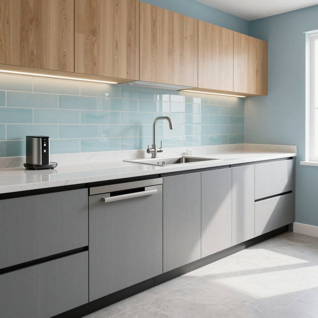 Mueble de baño blanco de pared con lavabo y dos cajones. Suelo gris. Pared con acento de madera.