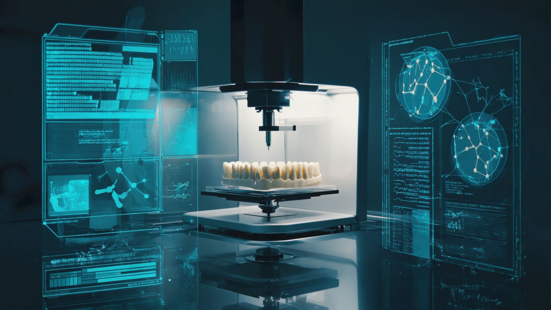 Imprimante 3D fabriquant un objet de couleur claire avec des superpositions de données holographiques bleu brillant dans un environnement de laboratoire sombre et futuriste.