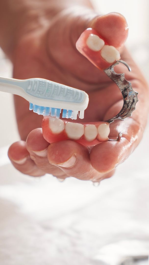 Personne nettoyant ses prothèses dentaires avec une brosse à dents ; gouttes d'eau visibles.