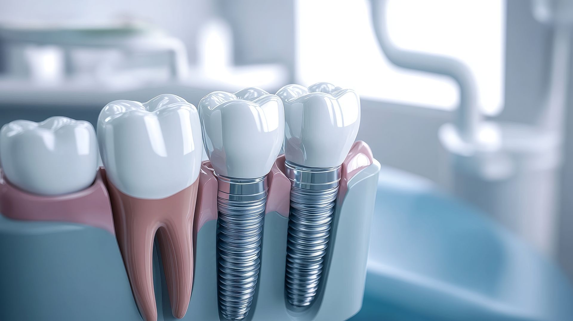 Modèle dentaire montrant les dents, les implants et les gencives, dans un cabinet dentaire.