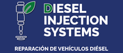 Logotipo para sistemas de inyecci&oacute;n di&eacute;sel con fondo azul, icono de hoja verde y textopara reparaci&oacute;n de veh&iacute;culos di&eacute;sel.
