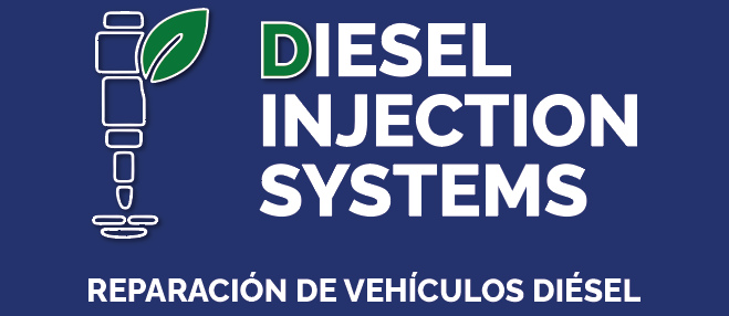 Logotipo para sistemas de inyecci&oacute;n di&eacute;sel con fondo azul, icono de hoja verde y textopara reparaci&oacute;n de veh&iacute;culos di&eacute;sel.