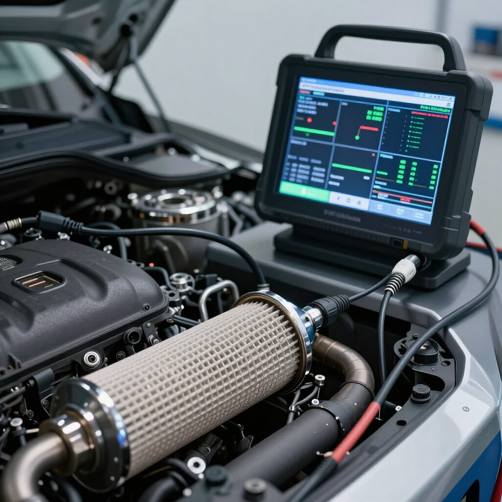 Sistema de diagnóstico del compartimento del motor con pantalla táctil y componentes del automóvil expuestos.