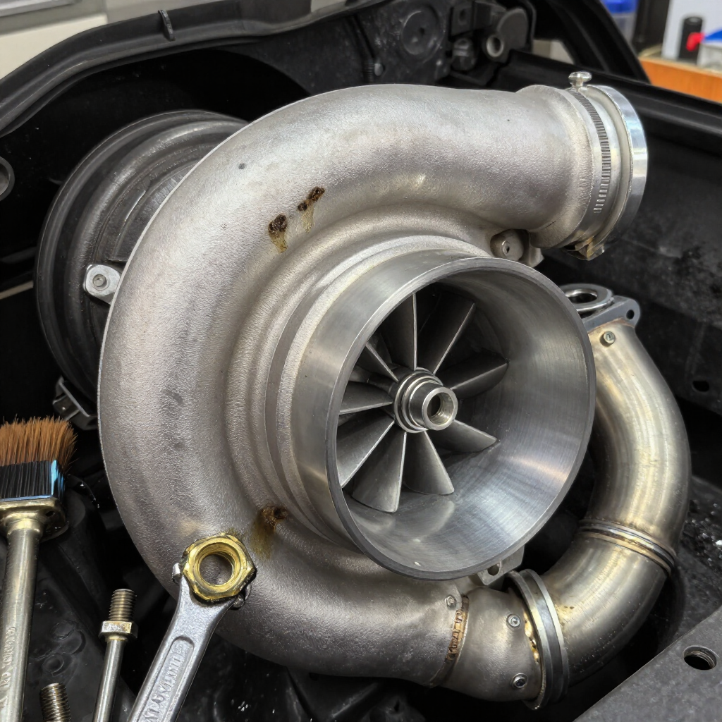 Primer plano de un turbocompresor brillante en el compartimento del motor, con una llave inglesa visible a su lado.