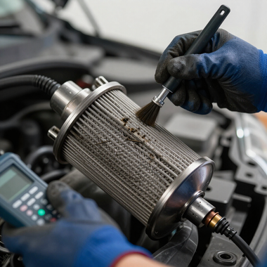 Manos enguantadas limpiando un filtro cilíndrico de automóvil con un cepillo en un taller.
