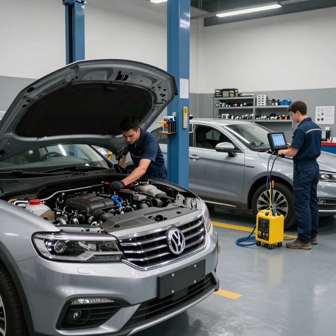 Dos mecánicos trabajando en coches plateados en un taller, uno con el capó abierto y una máquina de diagnóstico cerca.