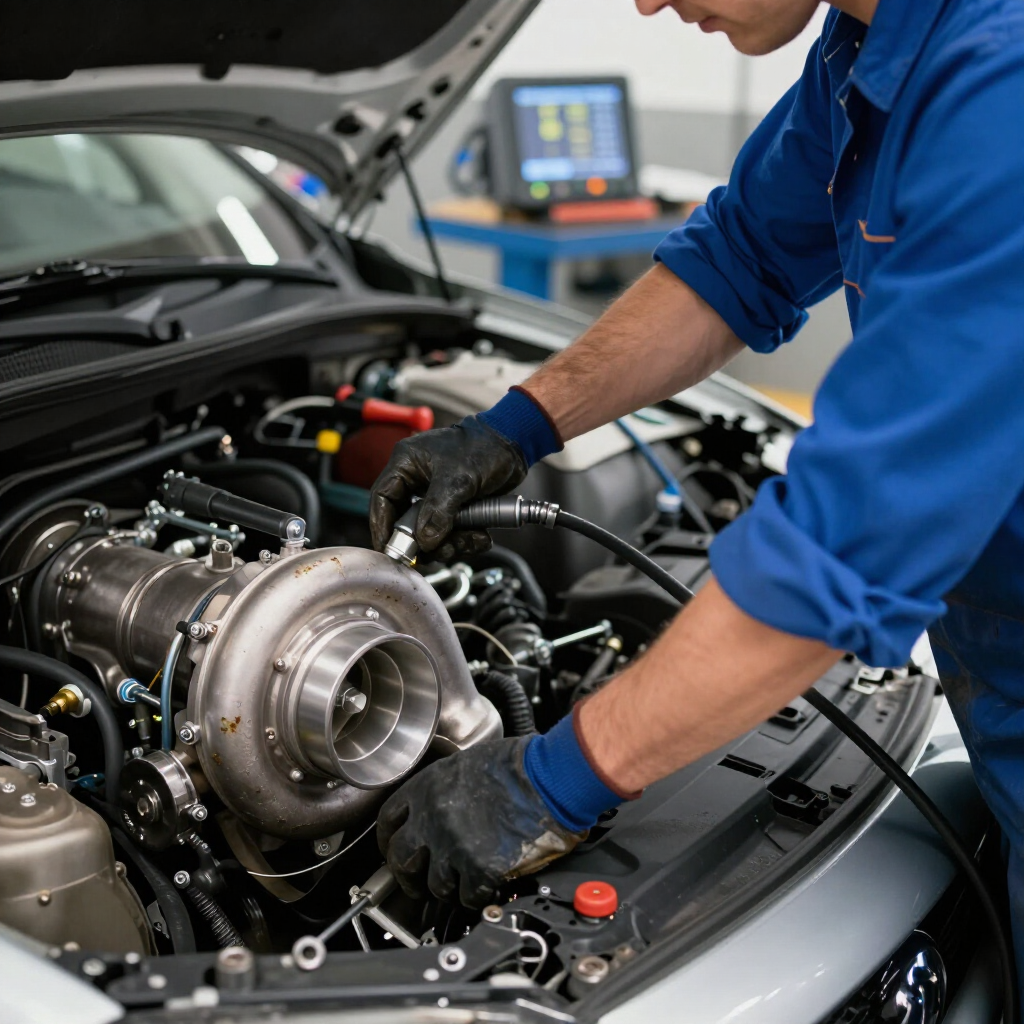 Mecánico con mono azul trabajando en un turbocompresor dentro del compartimento del motor de un coche.