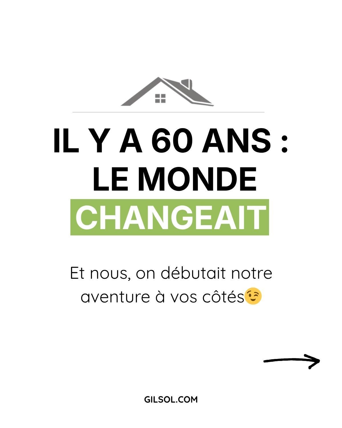 Affiche avec texte en français sur fond blanc, maison stylisée, “IL Y A 60 ANS : LE MONDE CHANGEAIT”.