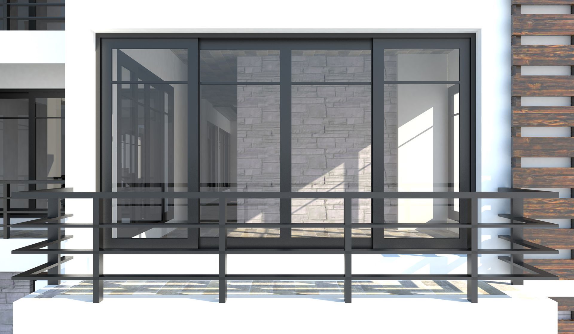 Prise de vue extérieure d'un bâtiment avec des portes coulissantes en verre noir et une balustrade de balcon.