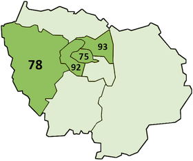 Carte de France avec le département 78 surligné en vert, à côté du 75, 92 et 93.
