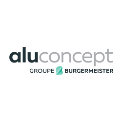 Logo Aluconcept avec un texte bleu sarcelle foncé et une forme abstraite vert-sarcelle, en dessous on peut lire « Groupe Burgermeister ».