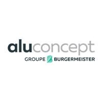 Logo Aluconcept avec un texte bleu sarcelle foncé et une forme abstraite vert-sarcelle, en dessous on peut lire « Groupe Burgermeister ».