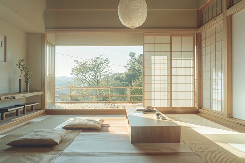 Chambre de style japonais avec une table basse, des coussins, des paravents shoji et une grande fenêtre donnant sur une forêt.