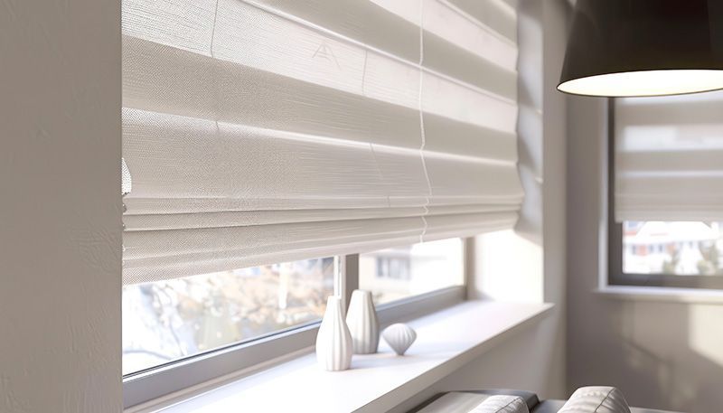Stores horizontaux blancs couvrant une fenêtre, avec vue sur l'extérieur et objets décoratifs sur le rebord de la fenêtre.