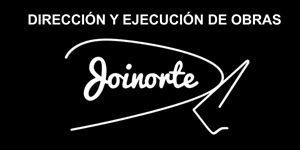 Logotipo negro con la palabra "Joinorte" en cursiva blanca, con una l&iacute;nea curva y una flecha blancas. El texto superior dice "Direcci&oacute;n y Ejecuci&oacute;n de Obras".