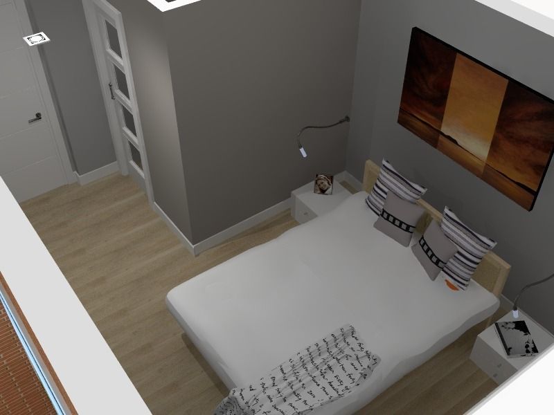 Interior de dormitorio, paredes grises, cama blanca con almohadas estampadas, piso de madera y una gran obra de arte.