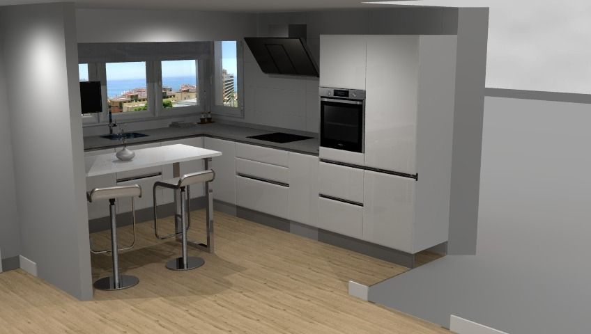 Cocina moderna blanca con isla, horno y campana extractora. Grandes ventanales con vistas al mar.