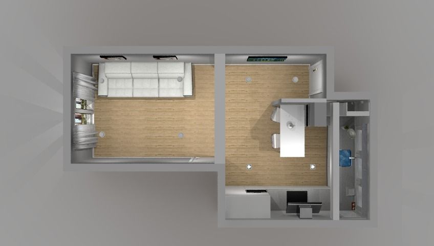 Vista de arriba hacia abajo de un diseño de apartamento moderno con sala de estar, comedor y baño.