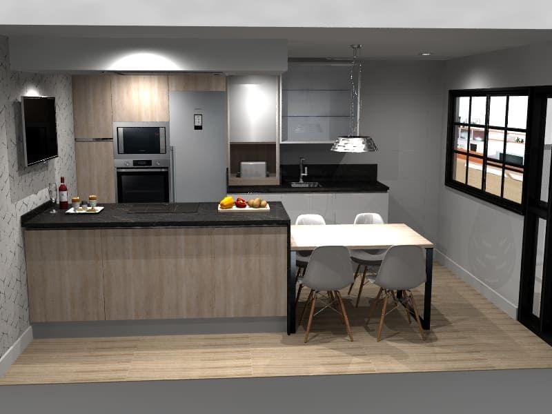 Cocina moderna con comedor. Cuenta con gabinetes de madera, encimeras negras y una mesa con cuatro sillas.