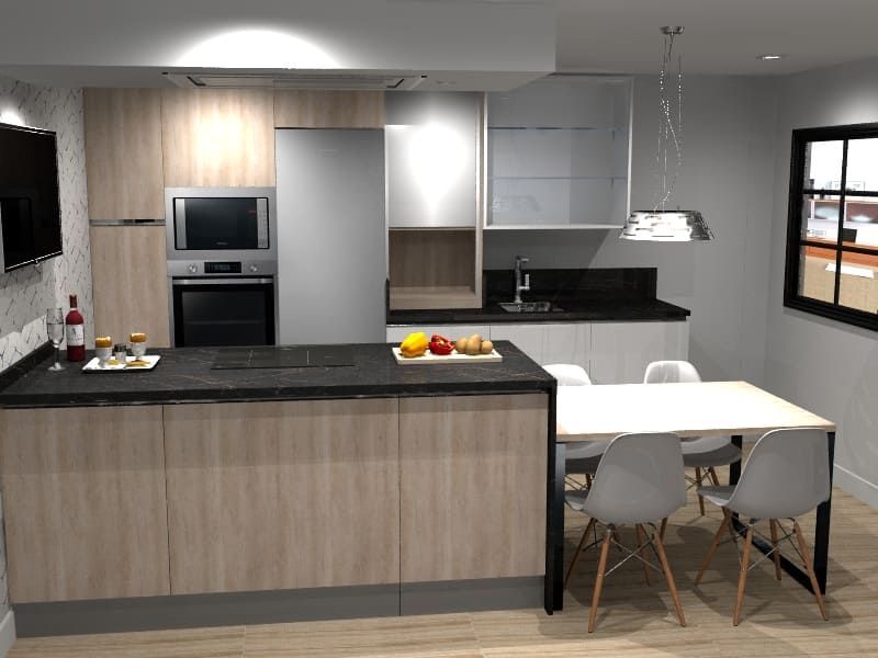 Vista interior de una habitación con paredes grises, suelo de madera y una columna de ladrillo. Se ven dos puertas.