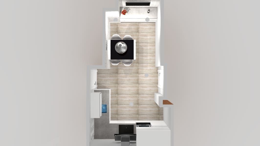 Vista de arriba hacia abajo de una cocina moderna con estufa, mesa, gabinetes y microondas.