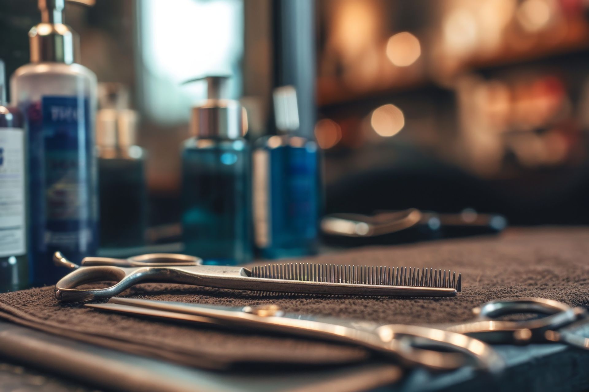 Un par de tijeras y un peine están sobre una mesa en una barbería.