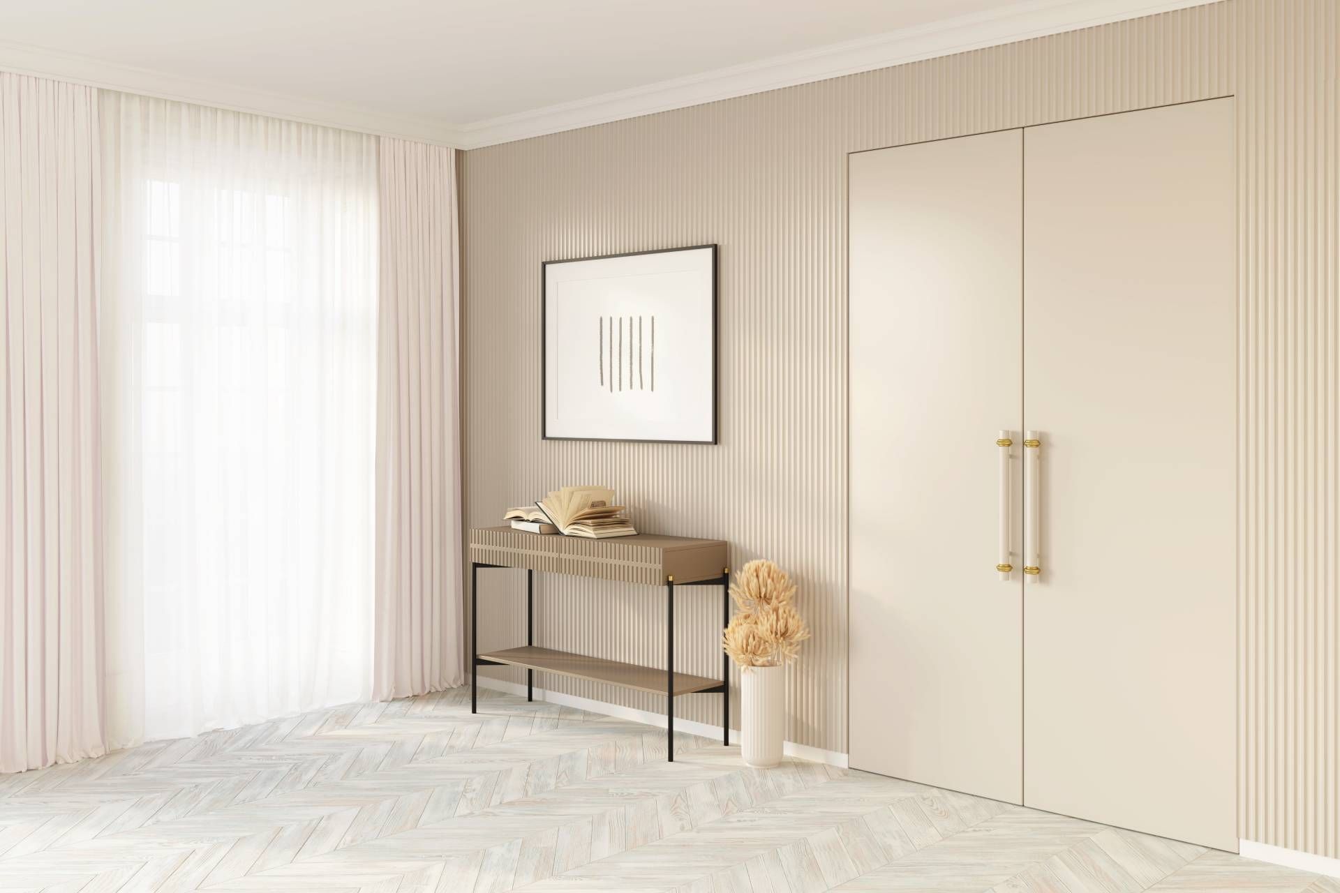 Ein Flur mit einem Tisch und einem Bild an der Wand, der Boden ist heller Fischgrätenparkett.