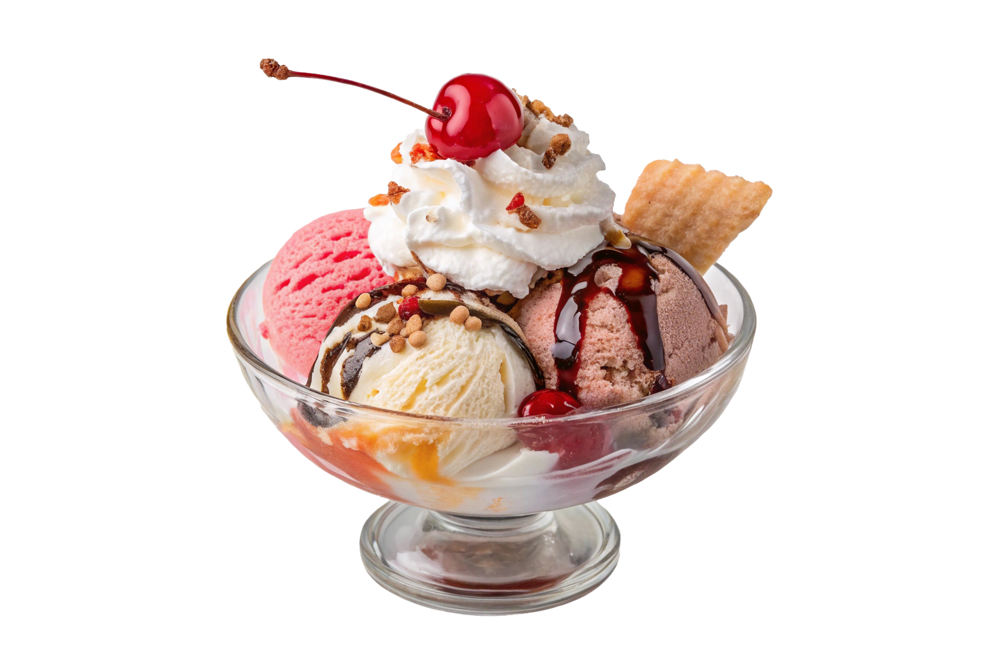 Coupe en verre de glaces assorties garnie de crème fouettée, d'une cerise, d'un filet de chocolat et d'un biscuit gaufrette.