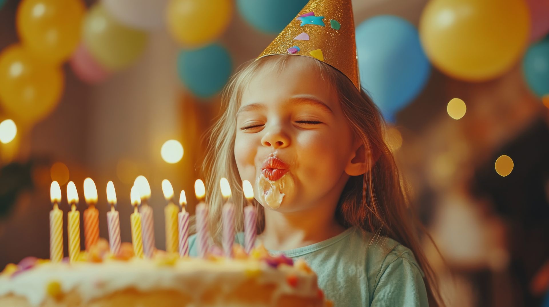 Une jeune fille souffle les bougies d'un gâteau d'anniversaire, coiffée d'un chapeau de fête et entourée de ballons.