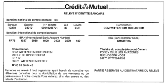 RIB de l'association Poney Club les Amazon