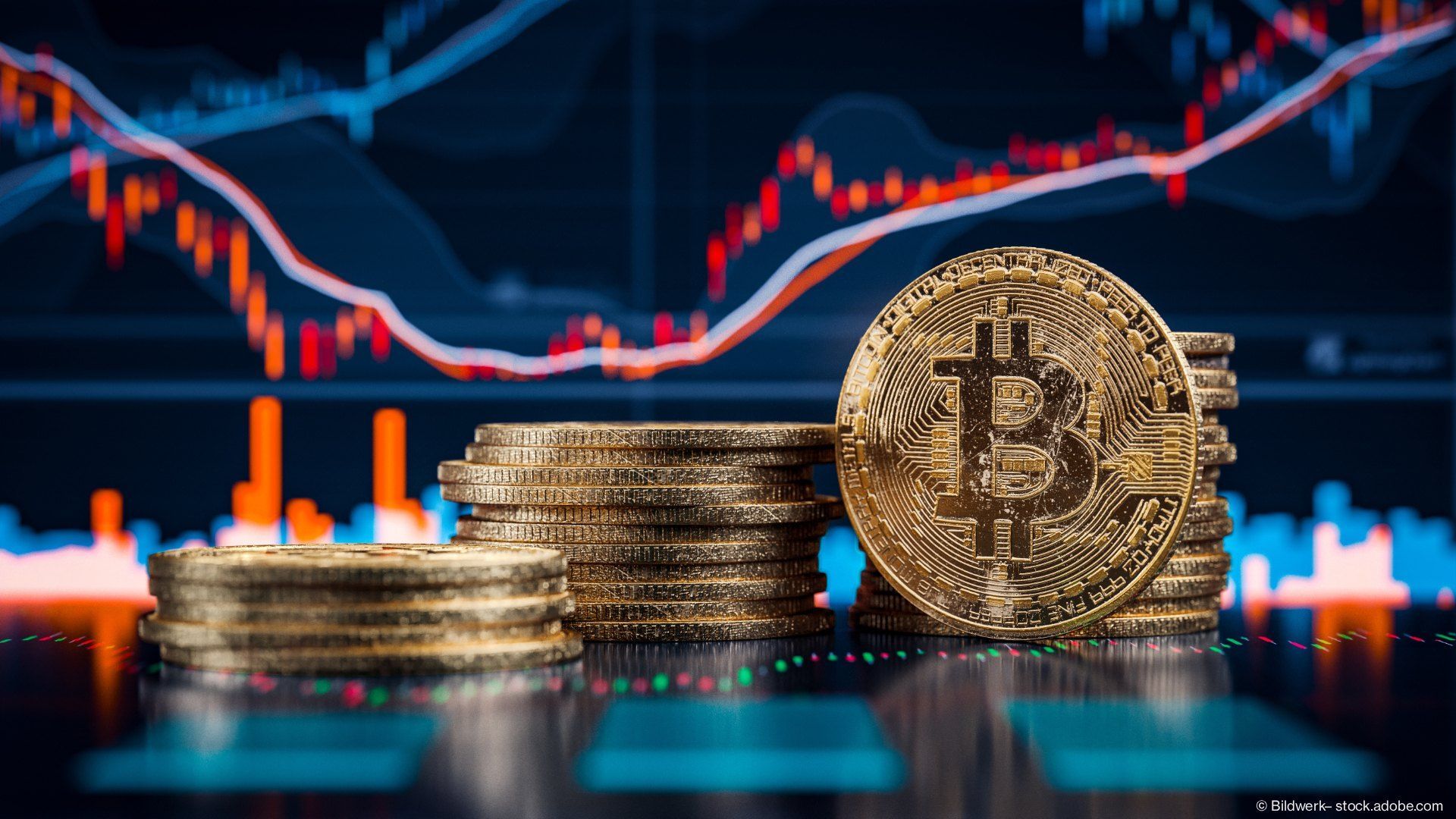 3D-Illustration oder Rendering von Bitcoin Stapel vor Diagrammen und Charts symbolisiert den Aktienmarkt von Kryptowährung