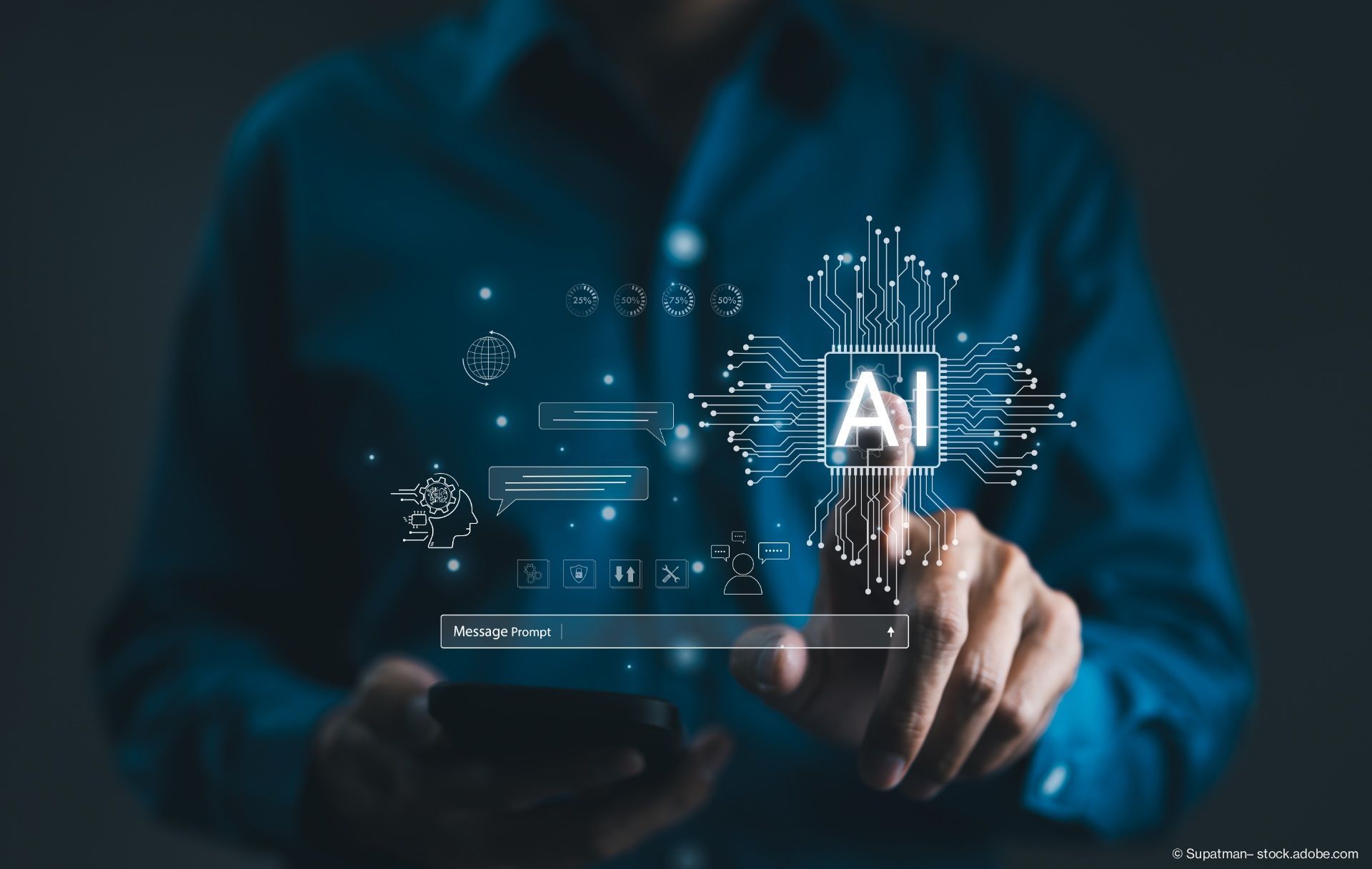 Mann, der virtuell mit einer intelligenten künstlichen Intelligenz chattet, bittet um die gewünschten Antworten.