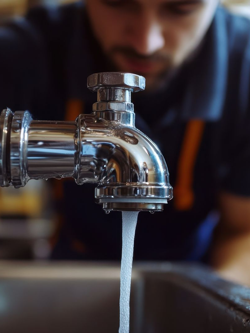 Un homme regarde l'eau couler d'un robinet chromé dans un évier en acier inoxydable.