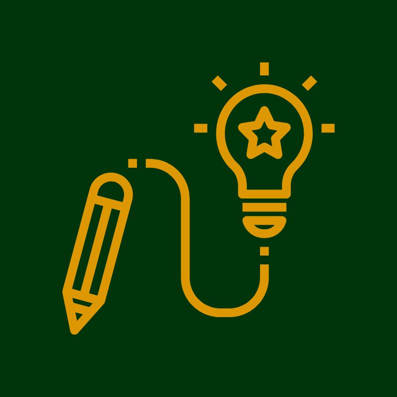 Gold pencil connected to a lightbulb with a star inside, on a dark green background.