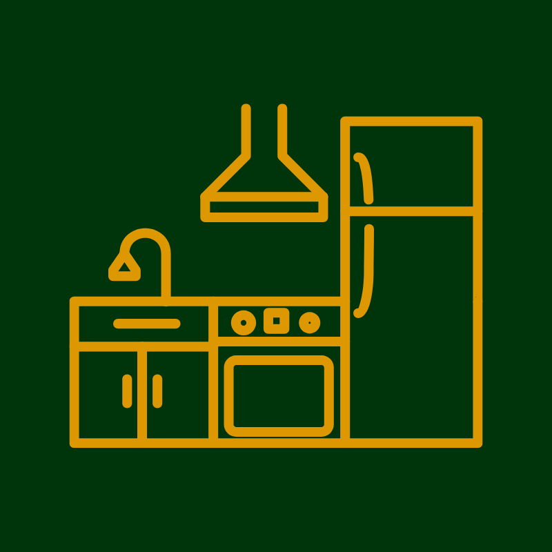 Yellow outline of a kitchen with a sink, stove, refrigerator, and range hood on a dark green background.