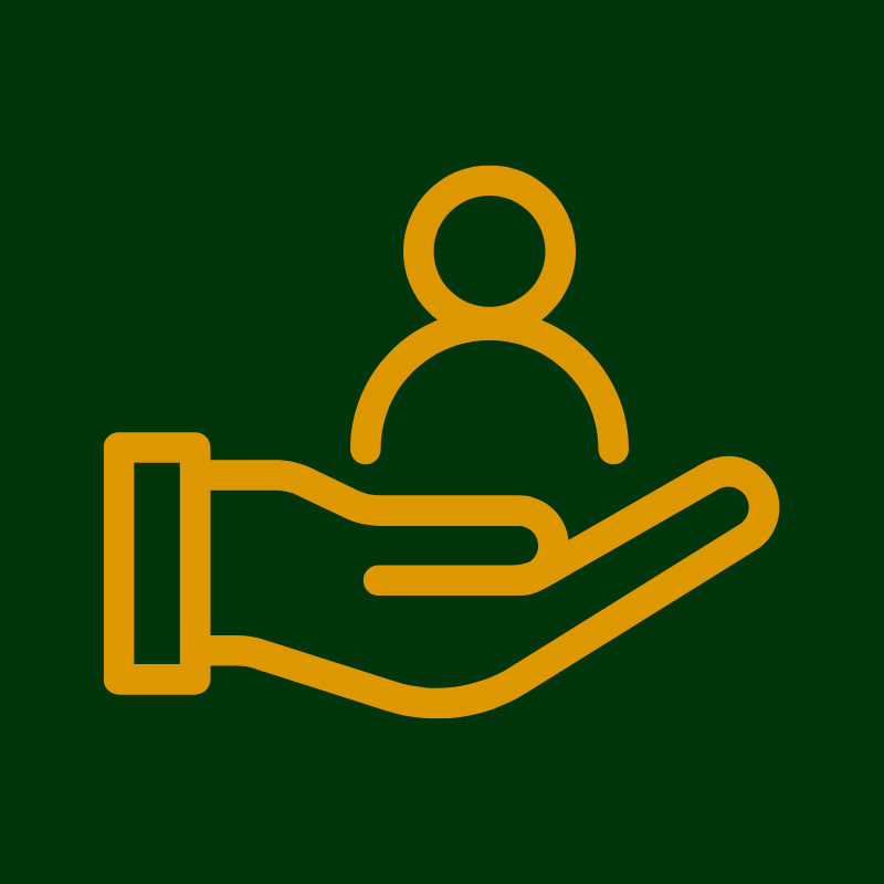 Gold outline of a person inside a cupped hand on a green background.