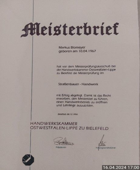 Ein Zertifikat mit der Aufschrift Meisterbrief