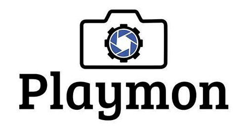Logotipo de Playmon: contorno de cámara negra con engranaje azul y negro en el interior, debajo del texto "Playmon".